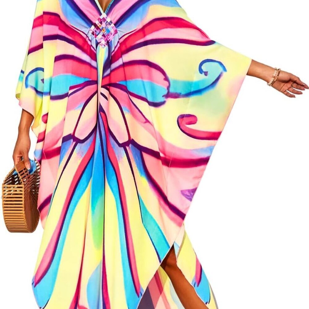 Women Print Kaftan Cover-Up Dress V-Neck High Slit Beach Vacation Wear